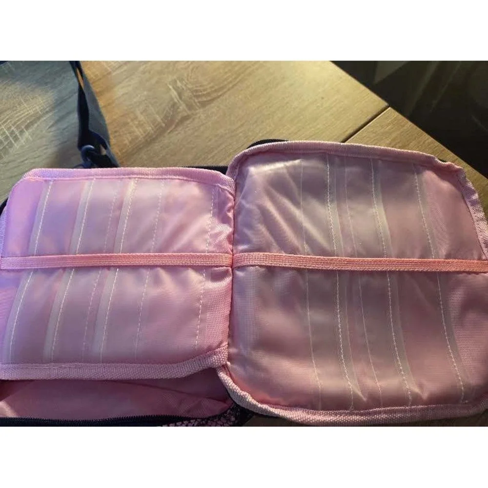 Pink Canvas Travel Organizer Bag Shoulder Strap Multi Pocket Utility Case